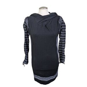 Leopard & Roses New Tunic Dress Ruched Sleeve Art To Wear Lagenlook Black Gray L